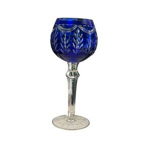 Vintage Cobalt Blue Cut Crystal Wine Goblet With Clear Stem